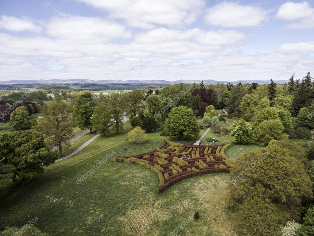 Aearial shot Park forest Landscape maze Scotland Great Britain