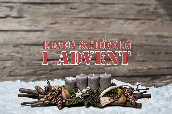 Merry Christmas decoratie komst branden grijs kaars Blurred achtergrond sneeuw tekst bericht Duits 1e — Stockfoto