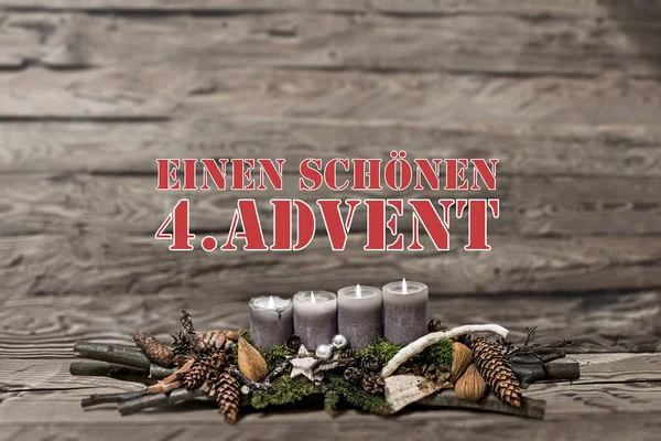 Merry Christmas decoratie komst branden grijs kaars Blurred achtergrond tekst bericht Duits 4e — Stockfoto