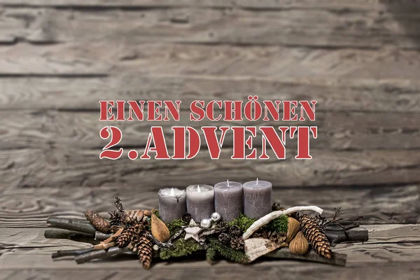 Merry Christmas decoratie komst branden grijs kaars Blurred achtergrond tekst bericht Duits 2e — Stockfoto