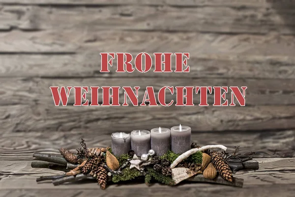 Frohe Weihnachten Dekoration brennende graue Kerze verschwommen Hintergrund SMS deutsch — Stockfoto