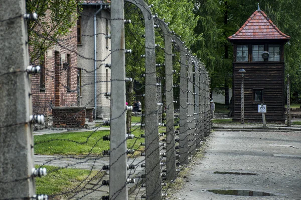 Szögesdrót torony koncentrációs tábor Auschwitz Birkenau KZ Lengyelország 2 — Stock Fotó
