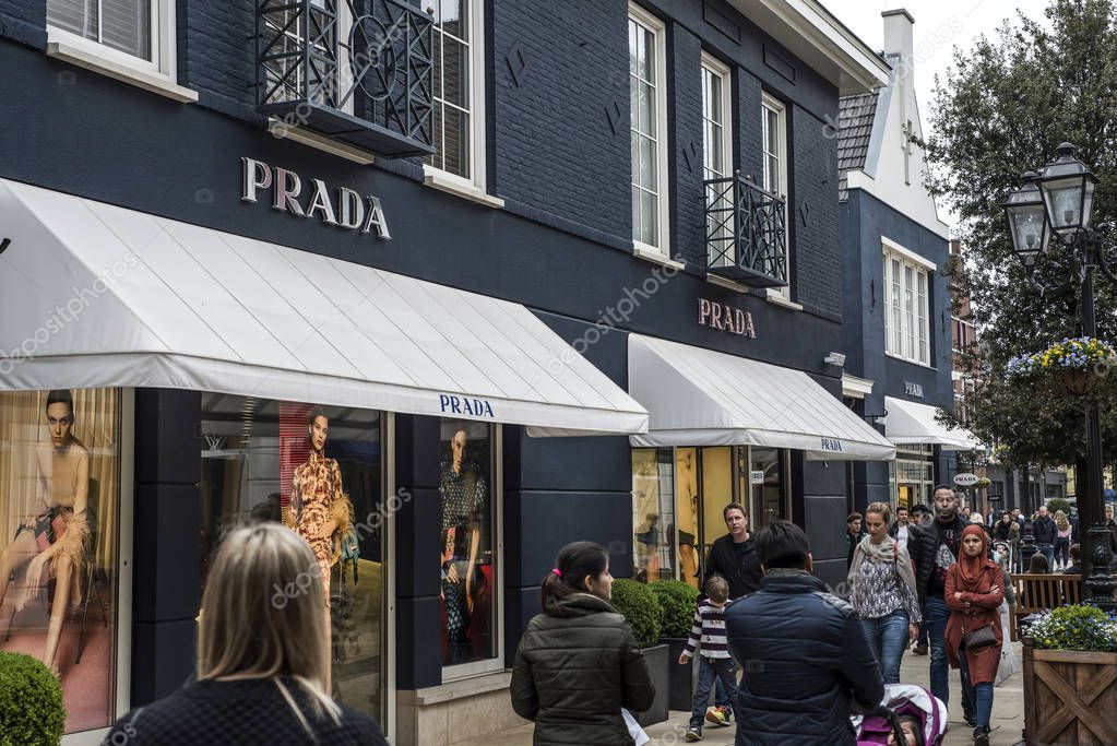 Roermond Netherlands 07.05.2017 - Logo of the Prada luxury Store in the Mc Arthur Glen Designer Outlet shopping area