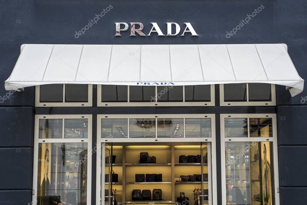 Roermond Netherlands 07.05.2017 - Logo of the Prada luxury Store in the Mc Arthur Glen Designer Outlet shopping area