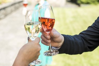 Gelin ve damat güzel düğün gözlük champaign köpüklü şarap tost ile tutarak