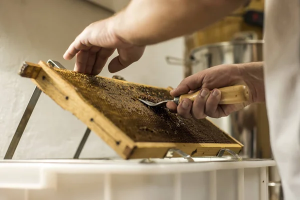 Favo aperto unwax apicoltore forchetta senza tappo per il raccolto dorato delizioso miele primo piano — Foto Stock