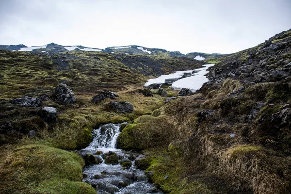 Τοπίο Ισλανδία πράσινο γρασίδι χιόνι καταρράκτη — Φωτογραφία Αρχείου