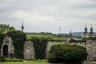 Yeşil park duvar manzarası kilise ve radyo kulesi Krakow Polonya