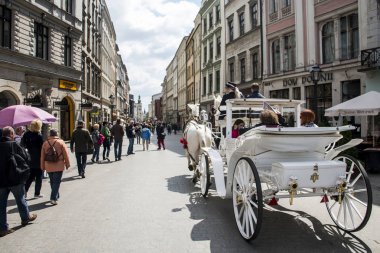 Krakow, Polonya 10.05.2015 at arabası bir yaz gününde ana Meydanı