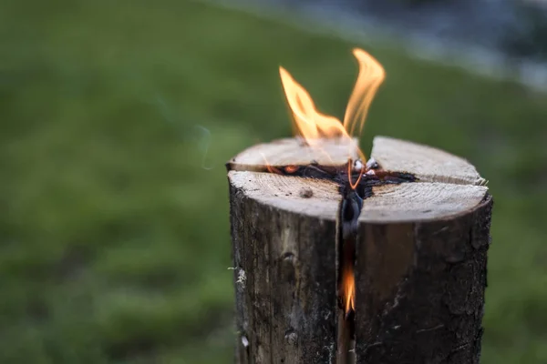 Stub bruciacchio di fuoco torcia svedese sul piatto per riposare o cucinare umore freddo cibo — Foto Stock