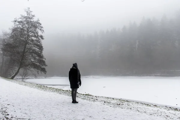 Menina Caminho solitário e árvores Inverno maravilha terra — Fotografia de Stock