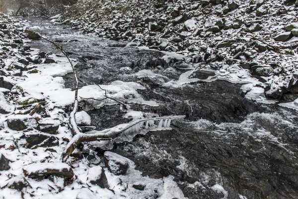 Kış sarma creek ve karla kaplı manzara — Stok fotoğraf