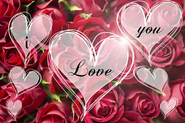 Rose bouquet miłość Ci wiadomość w serce valentine karty światło serc — Zdjęcie stockowe