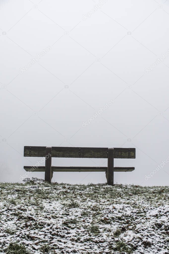 Bench empty seat in wood trees winter and fog 11