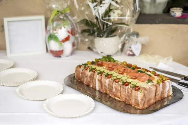 Special traditional Sandwich cake layers with ham, vegetables cheese and sauces — Stock Photo, Image