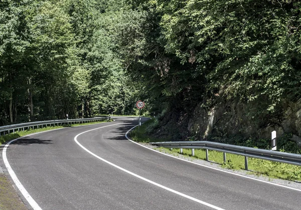 Camino de campo en el bosque de hormigón con señales de límite de velocidad de 50 km hora día soleado —  Fotos de Stock