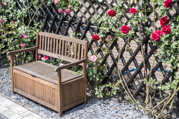 Tranquilo relaxar romântico jardim banco rodeado vermelho e rosa rosas arbustos flor — Fotografia de Stock