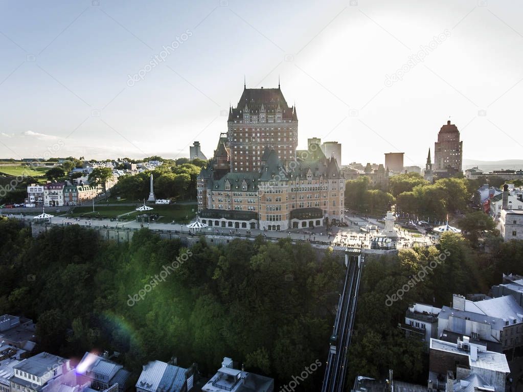 Aerial helicopter view of Chateau Frontenac hotel and Old Port in Quebec City Canada.