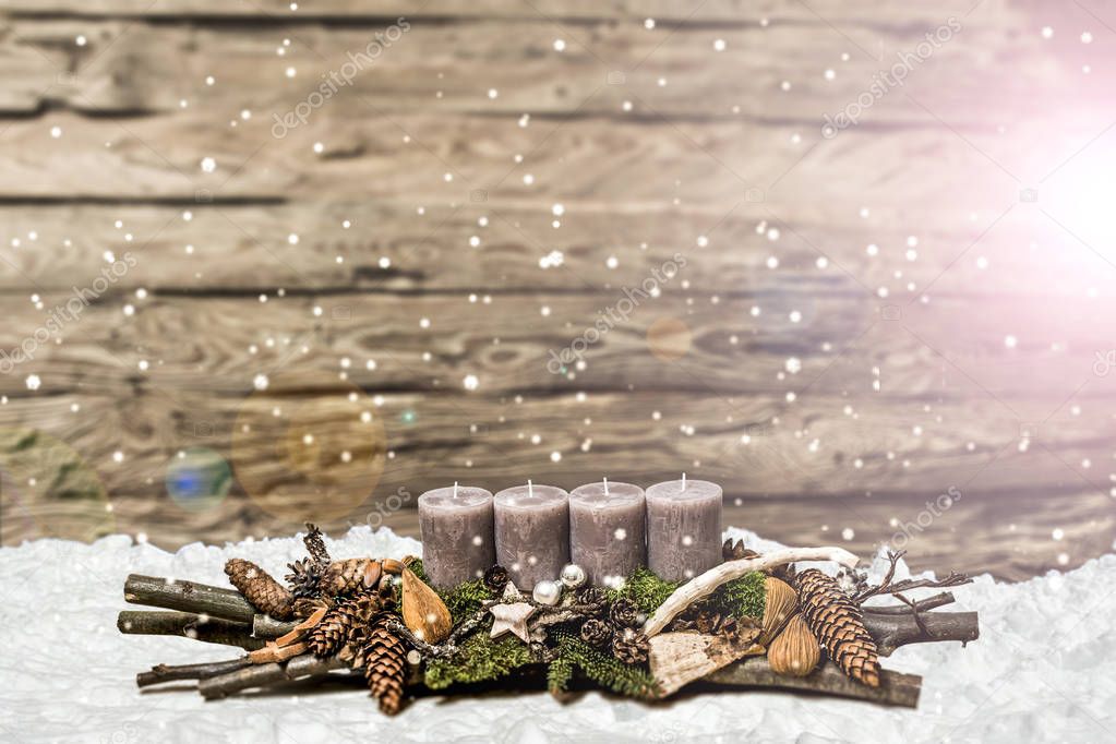 Merry Christmas decoration advent burning grey candle Blurred snowing