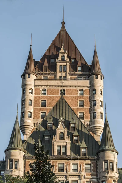 Canada Quebec City Sunset Tower of Chateau Frontenac most famous tourist attraction UNESCO World Heritage Site — Stock Photo, Image