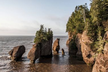 Sunrise famous Hopewell Rocks geologigal formations at low tide biggest tidal wave Fundy Bay New Brunswick Canada clipart