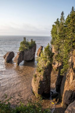 Sunrise ünlü Hopewell kayalar geologigal oluşumları düşük tide en büyük deprem dalgası Fundy Körfezi New Brunswick Kanada