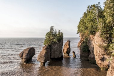 Sunrise ünlü Hopewell kayalar geologigal oluşumları düşük tide en büyük deprem dalgası Fundy Körfezi New Brunswick Kanada