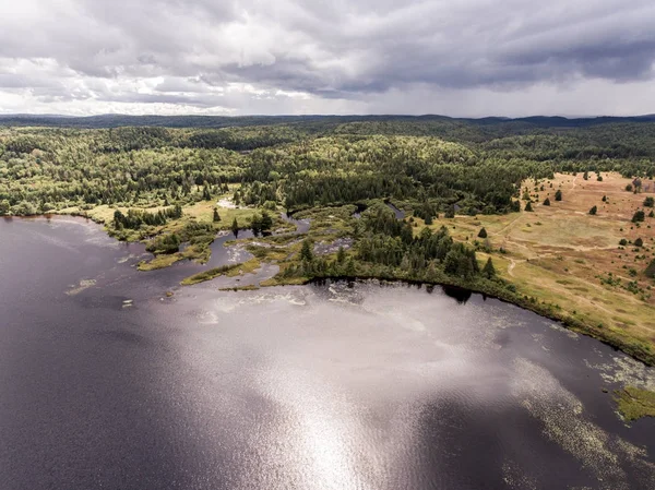 Ontario Kanada contryside natur Flygfoto tittar ner från ovan av floden som flödar inuti sjö — Stockfoto