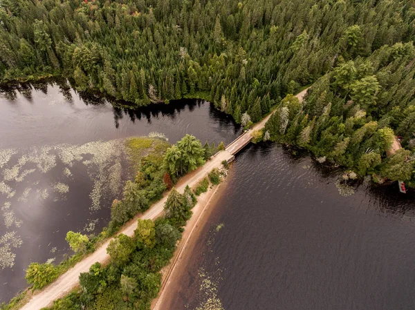 Salvaje enorme bosque de pinos y lago divide viejo puente de madera en Canadá Camping —  Fotos de Stock