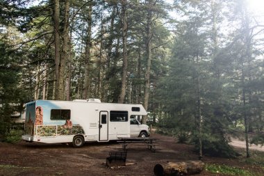 İki nehir kamp Algonquin Milli Parkı güzel doğal orman manzara Kanada Rv Park camper araba Gölü