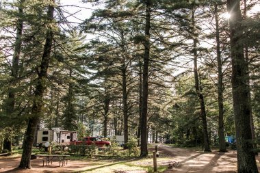 İki nehir kamp Algonquin Milli Parkı güzel doğal orman manzara Kanada Rv Park camper araba Gölü