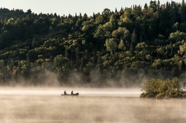 İki nehir Kano Kano sisli su gündoğumu sis altın saat Kanada Ontario Gölü su Algonquin Milli Parkı'nda