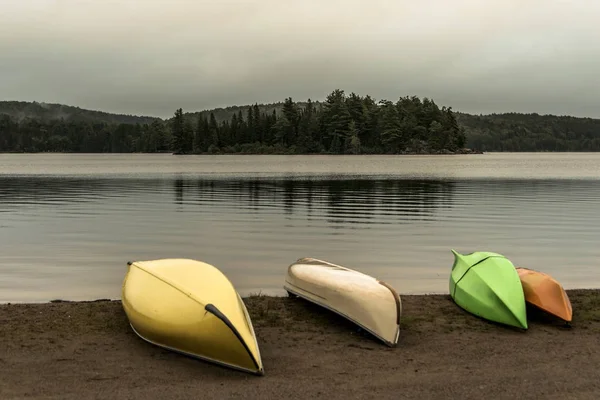 Canadá Ontario Lago dos ríos gris mañana atmósfera oscura Canoa Canoas estacionado agua de playa en el Parque Nacional Algonquin —  Fotos de Stock