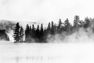 İki nehir algonquin Milli Parkı ontario Gölü sis sisli mistik atmosferi arka plan ile Kanada gün batımı gündoğumu