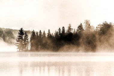 İki nehir algonquin Milli Parkı ontario Gölü sis sisli mistik atmosferi arka plan ile Kanada gün batımı gündoğumu