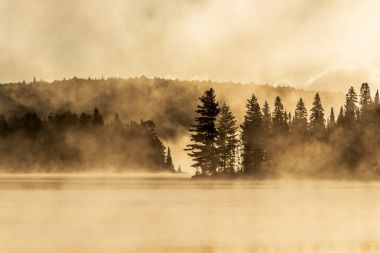 İki nehir algonquin Milli Parkı ontario Gölü sis sisli mistik atmosferi arka plan ile Kanada gün batımı gündoğumu