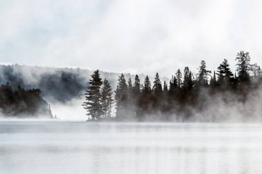 İki nehir algonquin Milli Parkı ontario Gölü sis sisli mistik atmosferi arka plan ile Kanada gün batımı gündoğumu