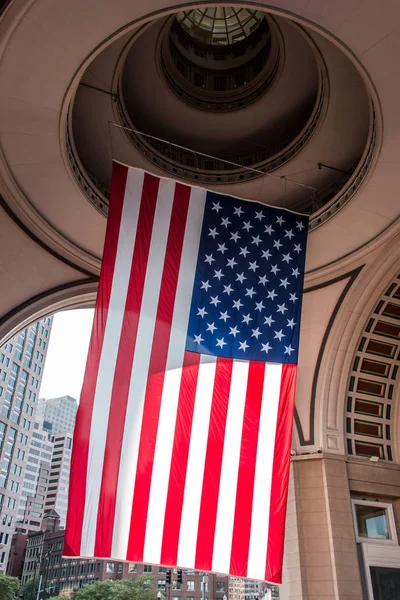 Big US american Stars and Stripes Flag Hanging from inside Dome in Boston Massachusetts on sunny day — Stock Photo, Image