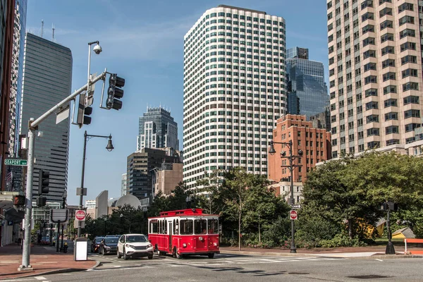 Boston MA USA skyline summer day panoramic view buildings downtown and road with traffic at waterfront side — Stock Photo, Image