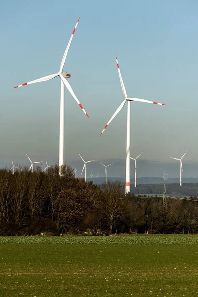 A panorama view over wind farm landscape in Germany with white generator turbines — Stock Photo, Image