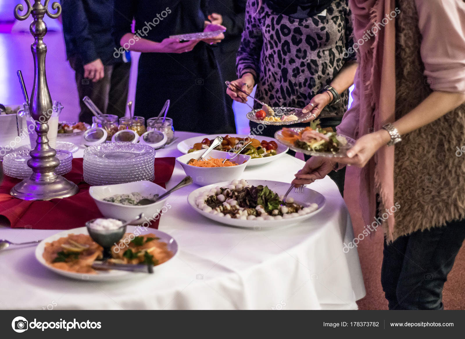 People Group Catering Buffet At Food Table Luxury Restaurant With Meat Bread And Different Salad Stock Photo Image By C Donogl 178373782