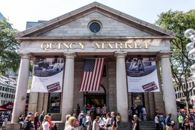 BOSTON UNITED STATES 05.09.2017 -people at outdoor Faneuil Shopping Hall Quincy Market Government Center historic city clipart
