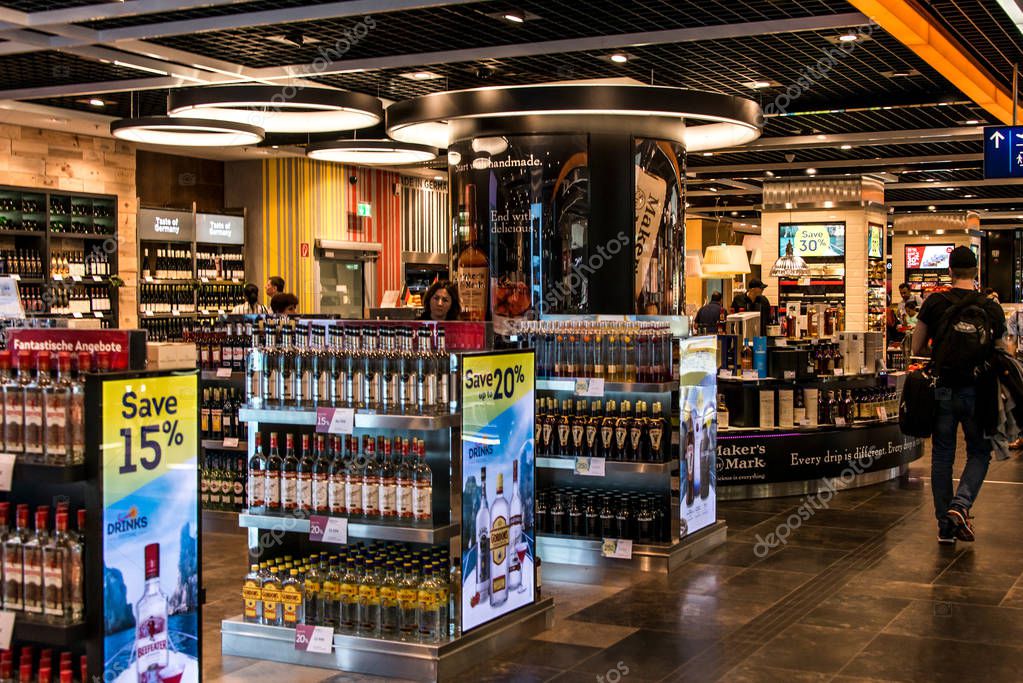 Frankfurt, Germany 29.09.2017 Duty Free shops at german airport duesseldorf with many different luxury goods