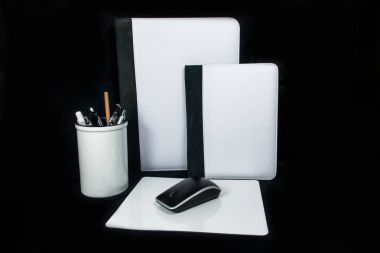Pen cup, pencil office set notebook cover and Mouse pad mousepad on black background for sublimation design print clipart