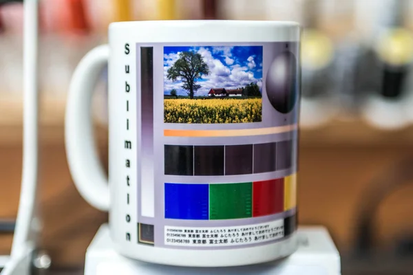 Sublimation mug designer production machine print pictures an coffee cup design — Stock Photo, Image