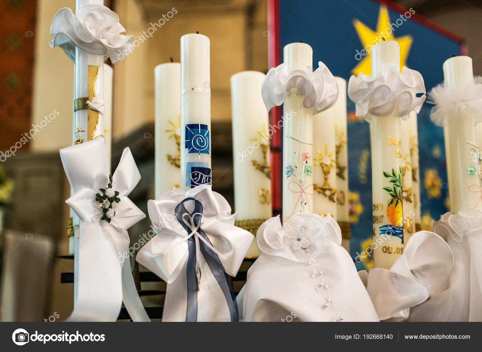 First Holy Communion Or Confirmation Burning Candles Rowed Up In