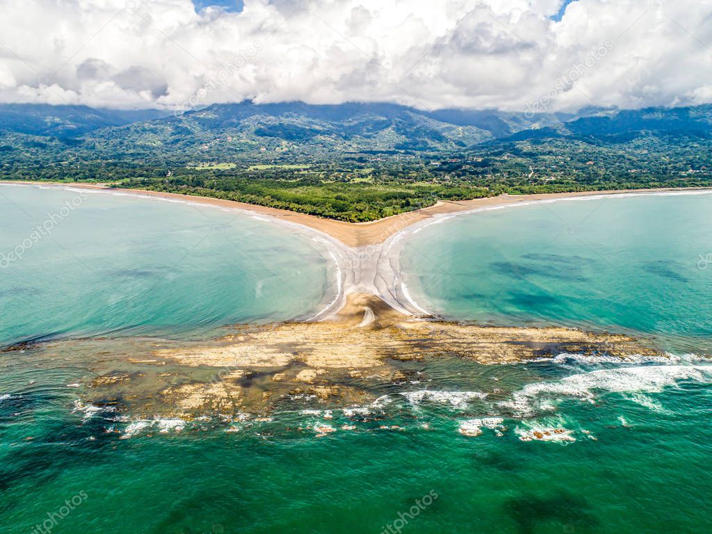 Aerial view National Park Punta Uvita Beautiful beach tropical forest pacific coast Costa Rica shape whale tail