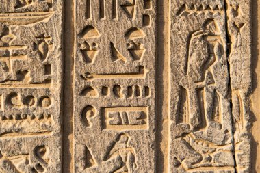 Ruins and Hieroglyphs in the famous Temple of Kom Ombo in Egypt on nile river bank