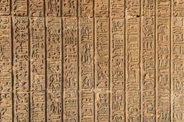 Ruins and Hieroglyphs in the famous Temple of Kom Ombo in Egypt on nile river bank