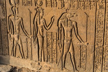 Ruins and Hieroglyphs in the famous Temple of Kom Ombo in Egypt on nile river bank